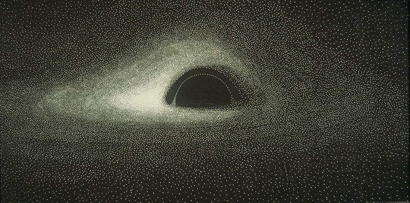 Simulation numérique d'un disque d'accrétion gazeux autour d'un trou noir.