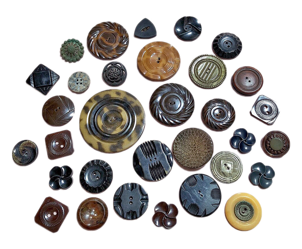 Boutons sculptés en Bakélite et celluloïde, années 1930-40