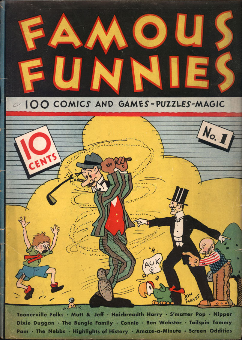 Premier numéro de Famous Funnies - Dessin de couverture de John Mayes, juillet 1934