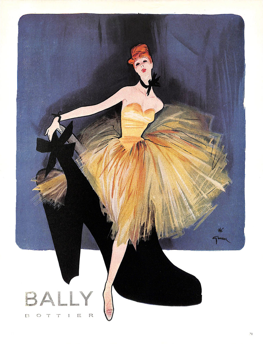 Publicité pour les chaussures Bally parue dans le magazine Femina, René Gruau, 1947