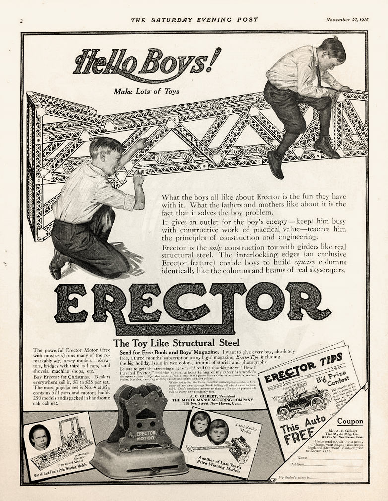 Publicité pour le jeu de construction Erector 1915